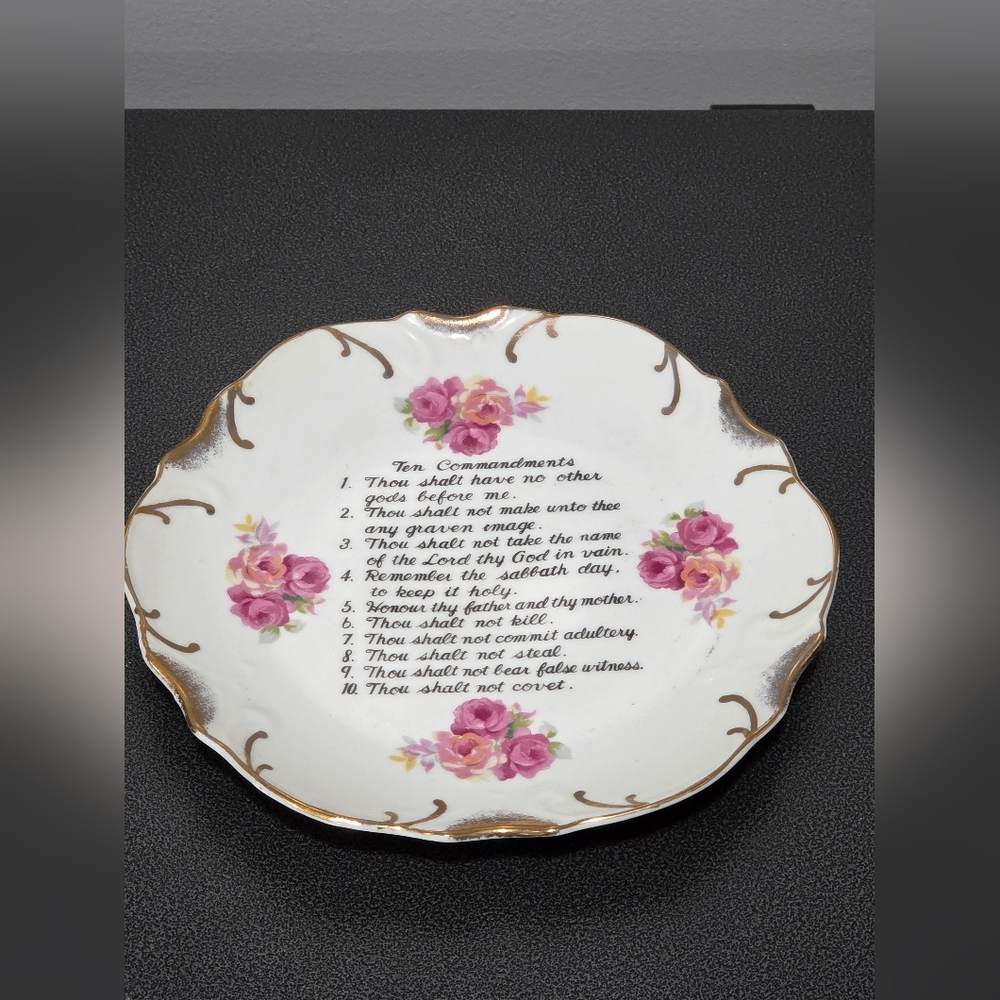 Vintage 10 Commandments Decorative Plate, 18k Gold Trim